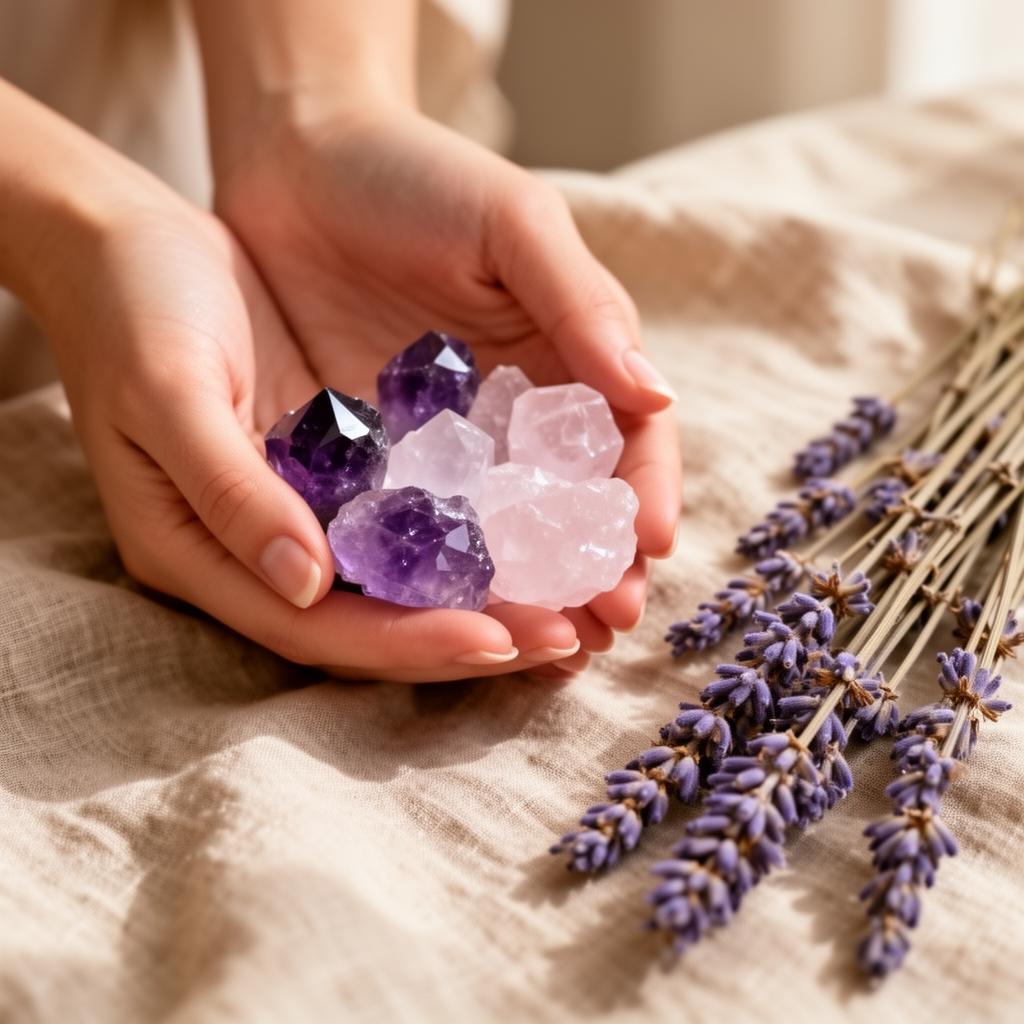 Hands holding healing crystals with lavender